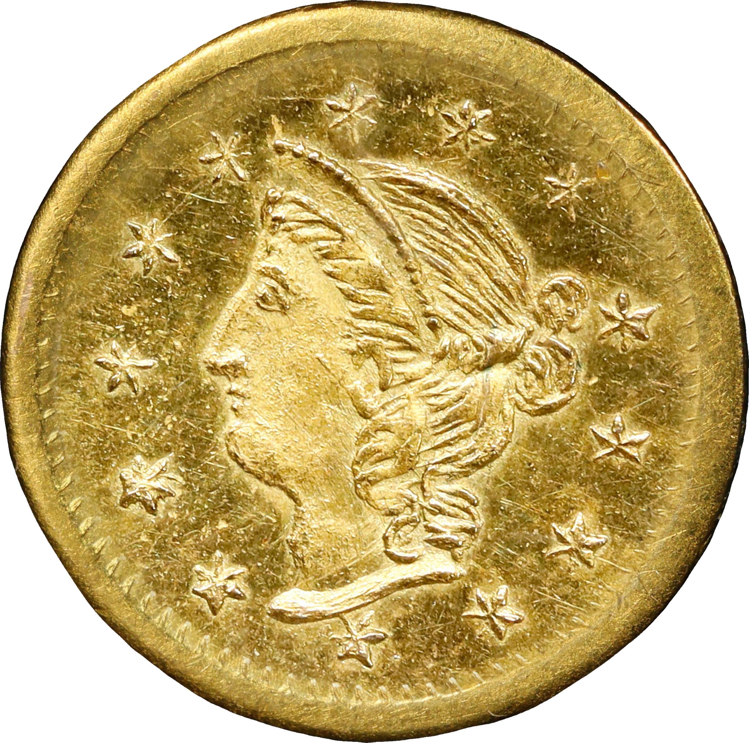 image for: 1870 Round 25 Cents. BG-867. Rarity-4. "Goofy" Liberty Head. MS-64 (PCGS).