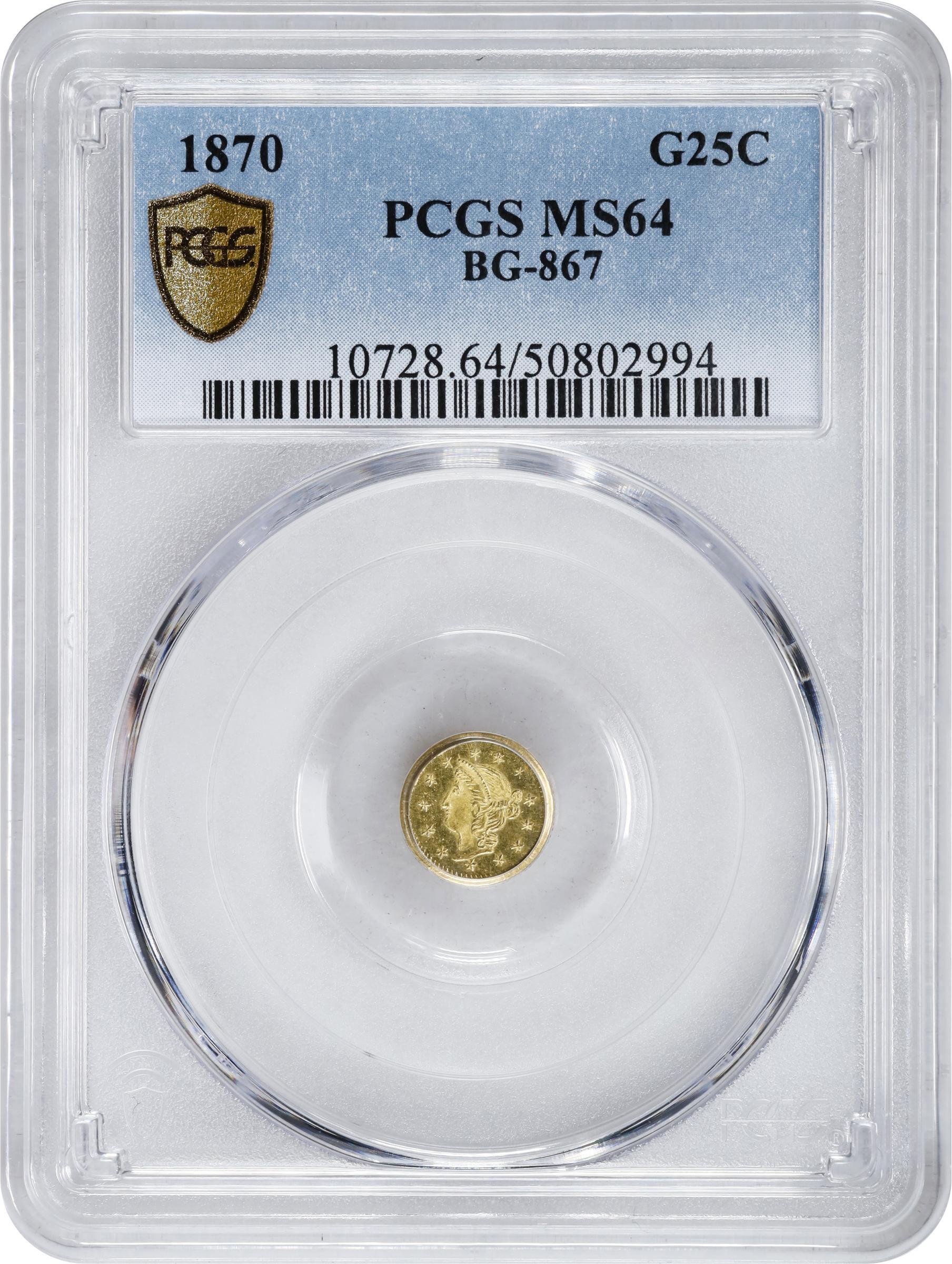 image for: 1870 Round 25 Cents. BG-867. Rarity-4. "Goofy" Liberty Head. MS-64 (PCGS).