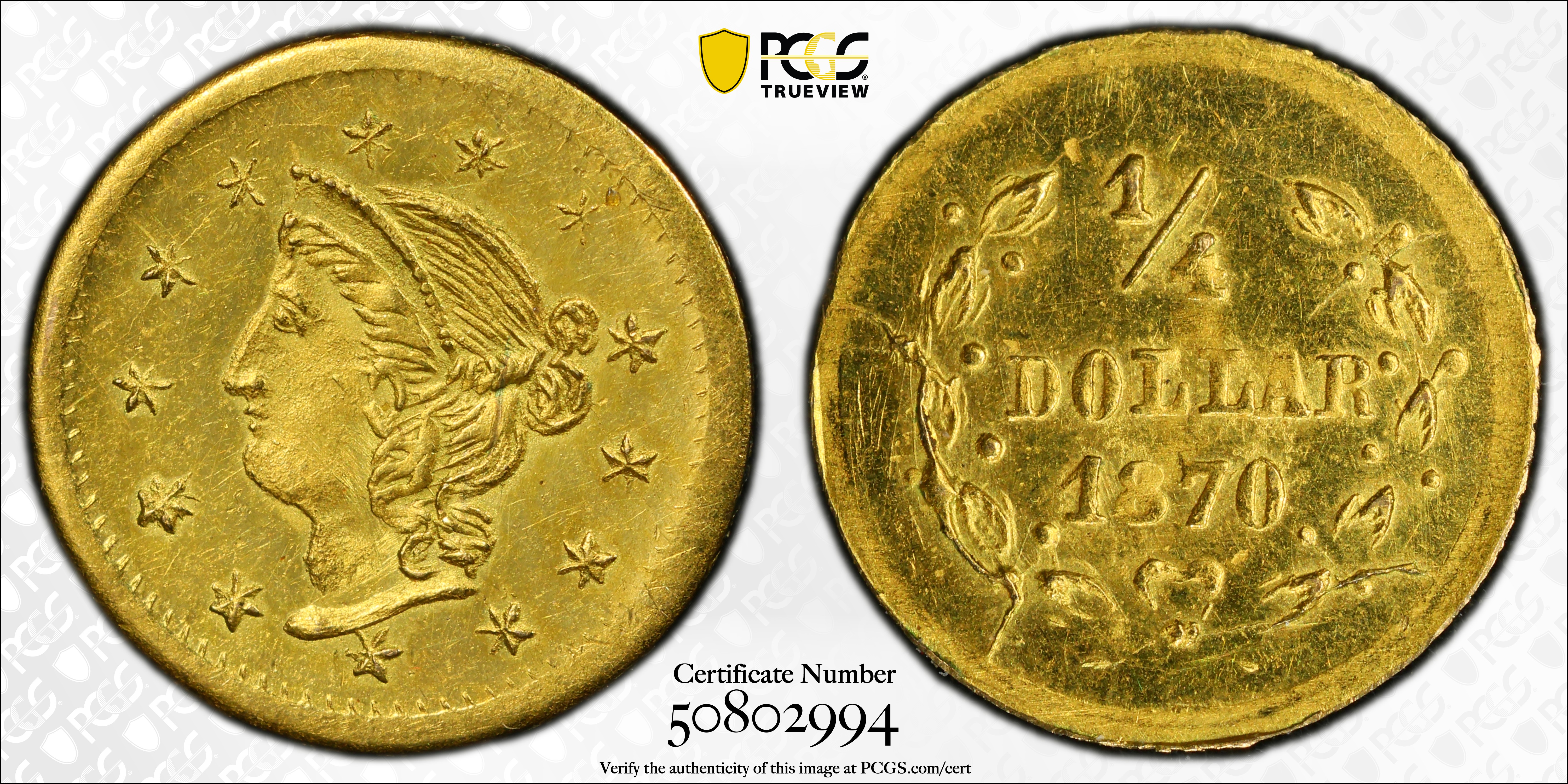 image for: 1870 Round 25 Cents. BG-867. Rarity-4. "Goofy" Liberty Head. MS-64 (PCGS).