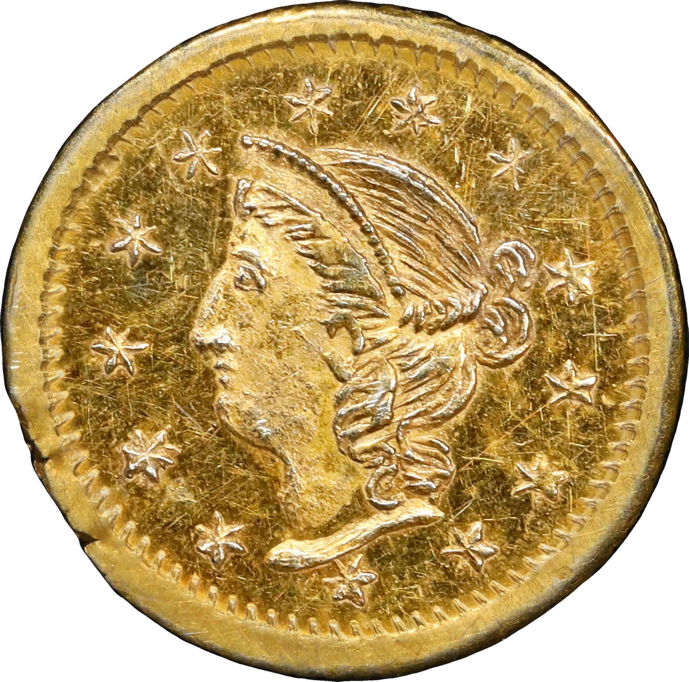 image for: 1870 Round 25 Cents. BG-867. Rarity-4. "Goofy" Liberty Head. MS-62 (PCGS).