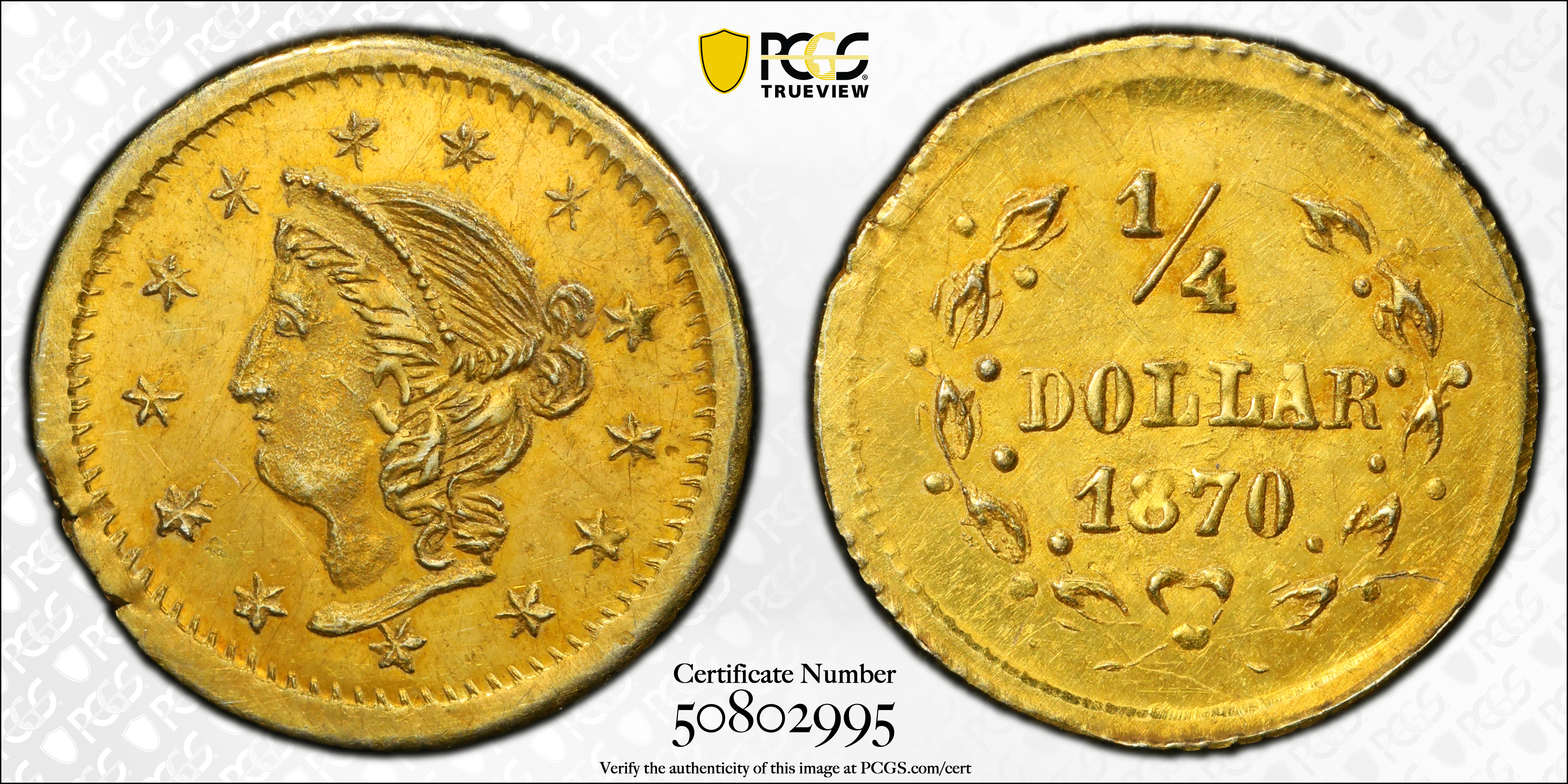 image for: 1870 Round 25 Cents. BG-867. Rarity-4. "Goofy" Liberty Head. MS-62 (PCGS).