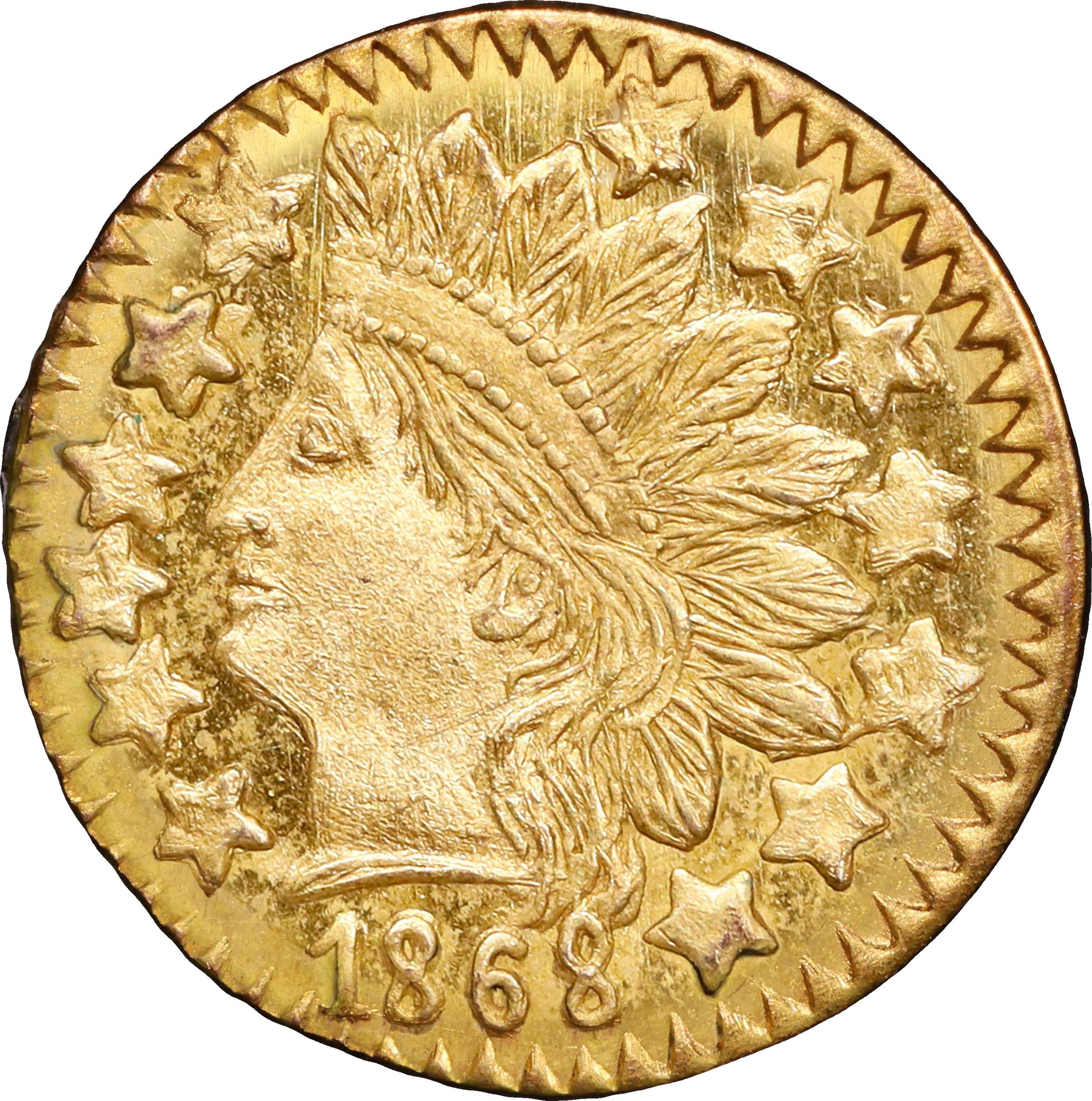 image for: 1868 Round 25 Cents. BG-890. Rarity-5+. Indian Head. MS-64 (PCGS).