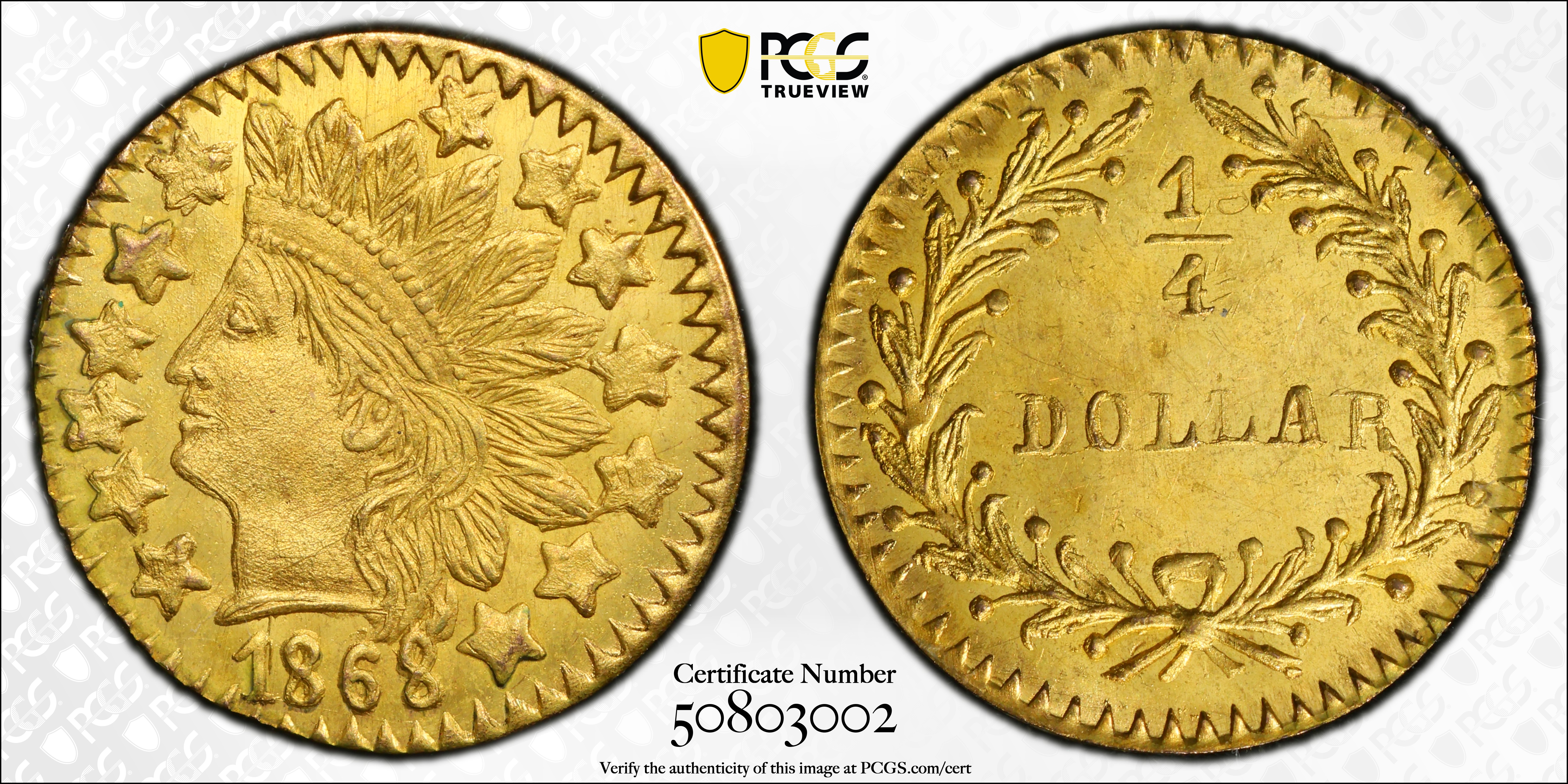 image for: 1868 Round 25 Cents. BG-890. Rarity-5+. Indian Head. MS-64 (PCGS).