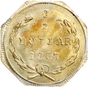 image for: 1867 Octagonal 50 Cents. BG-905. Rarity-5-. Liberty Head. MS-64 (PCGS).