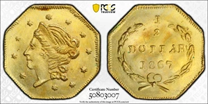 image for: 1867 Octagonal 50 Cents. BG-905. Rarity-5-. Liberty Head. MS-64 (PCGS).
