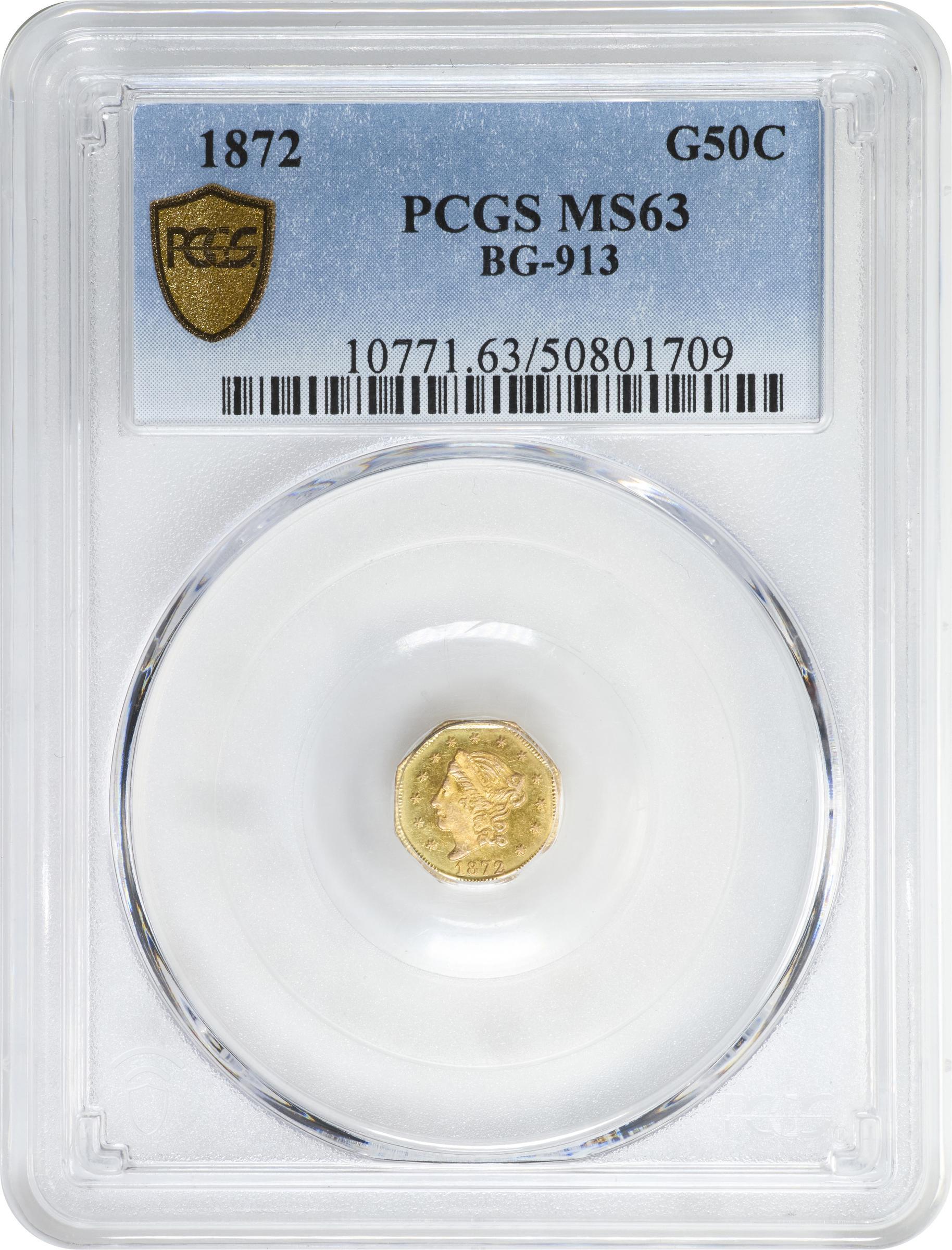 image for: 1872 Octagonal 50 Cents. BG-913. Rarity-4. Liberty Head. MS-63 (PCGS).