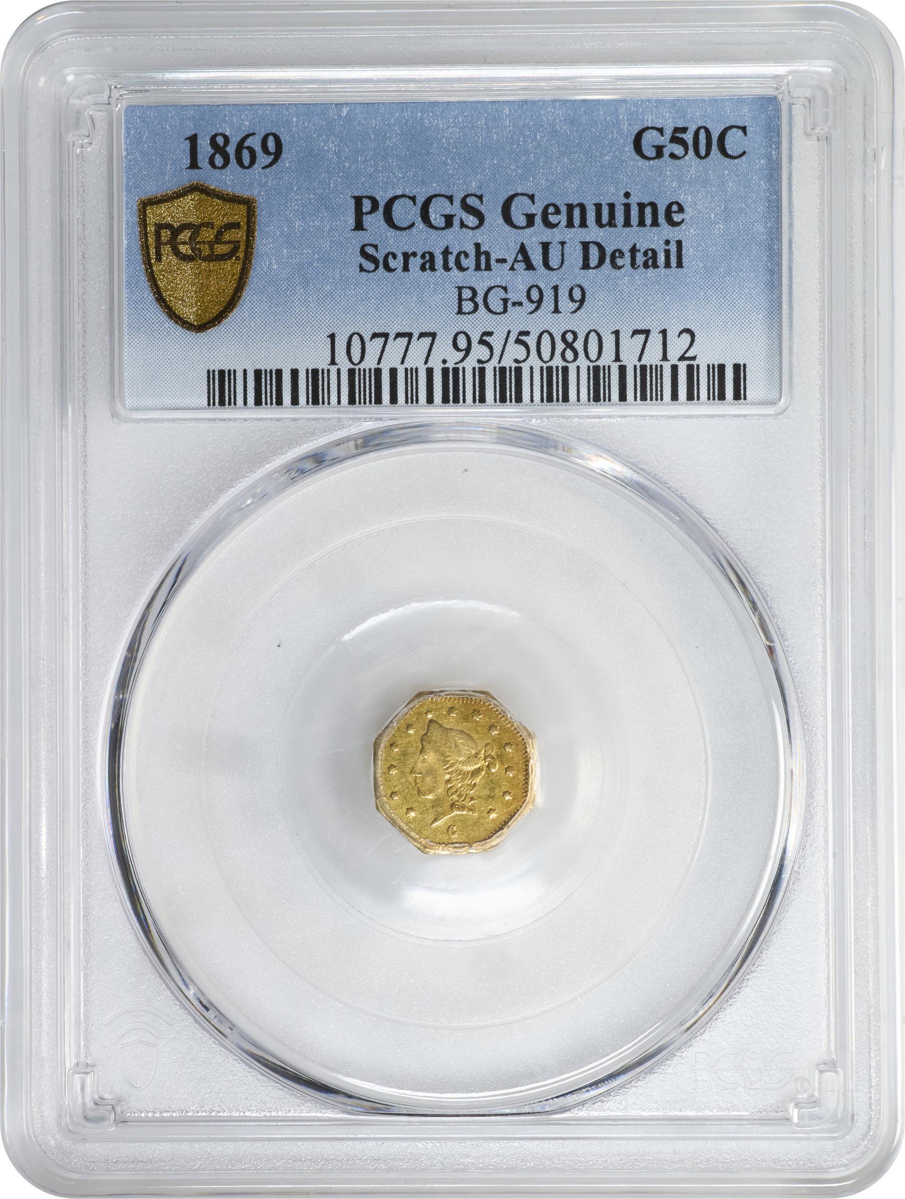 image for: 1869 Octagonal 50 Cents. BG-919. Rarity-4. Liberty Head. AU Details--Scratch (PCGS).