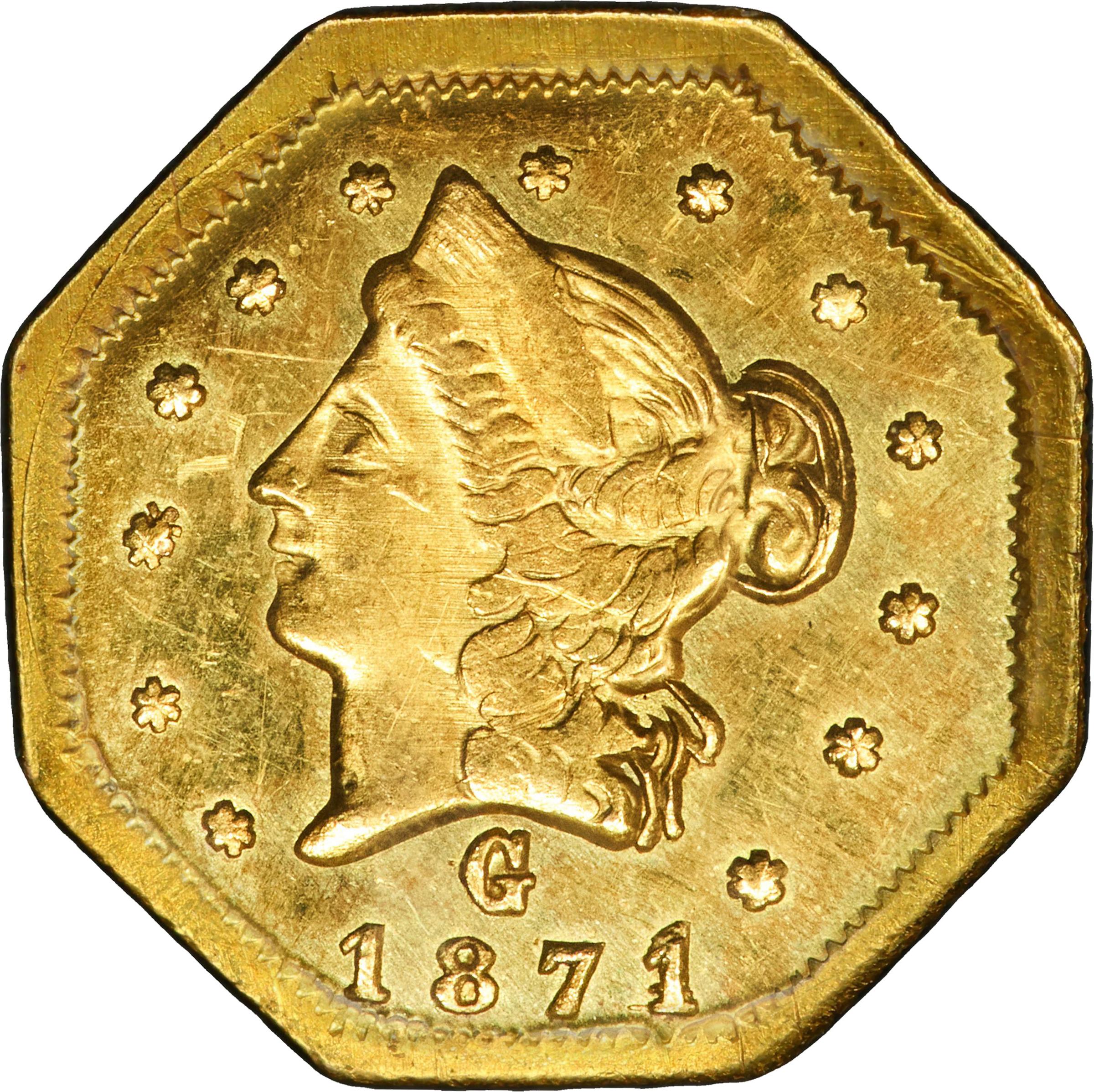 image for: 1871 Octagonal 50 Cents. BG-923. Rarity-5. Liberty Head. MS-63 (PCGS).