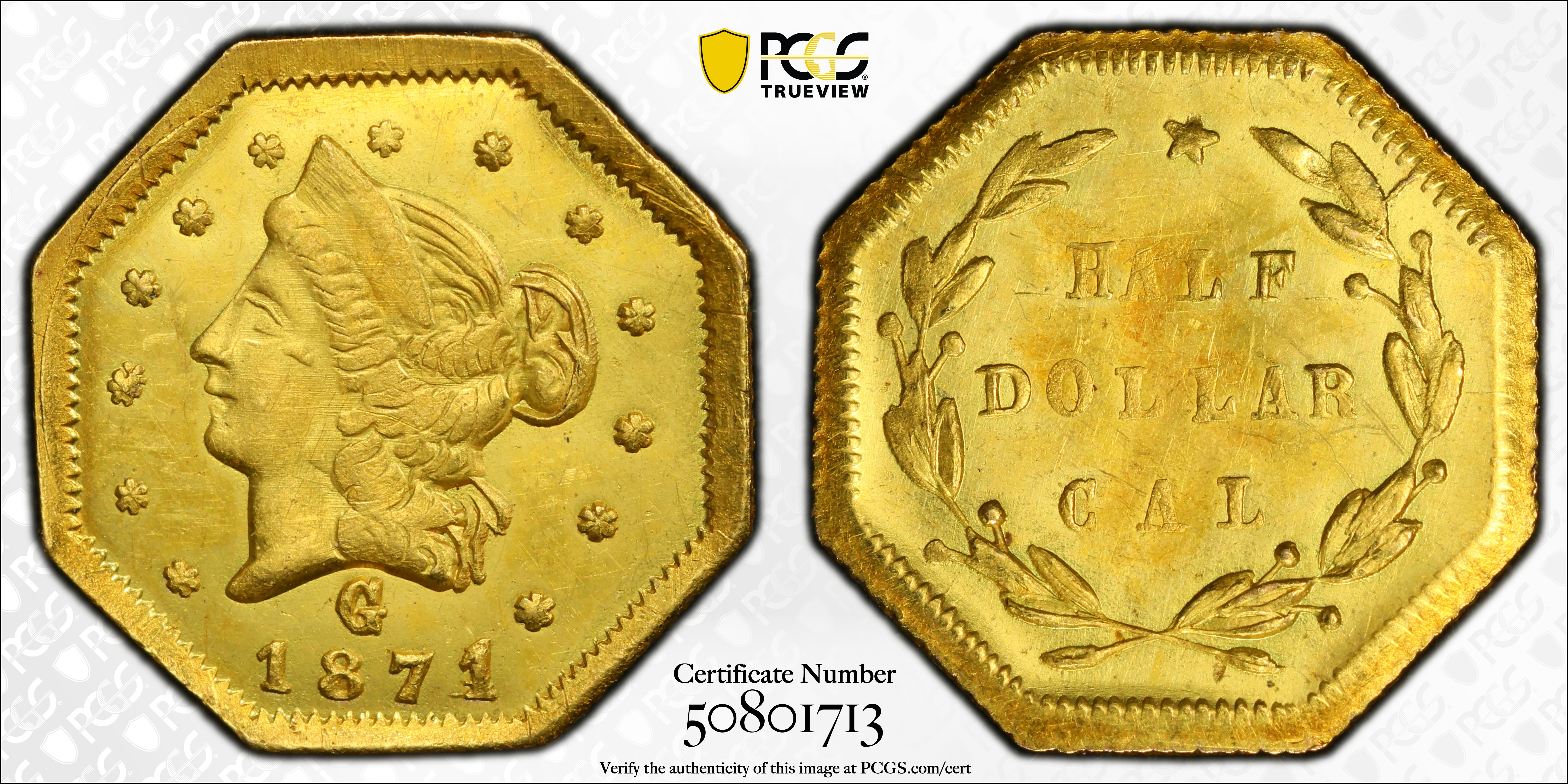 image for: 1871 Octagonal 50 Cents. BG-923. Rarity-5. Liberty Head. MS-63 (PCGS).