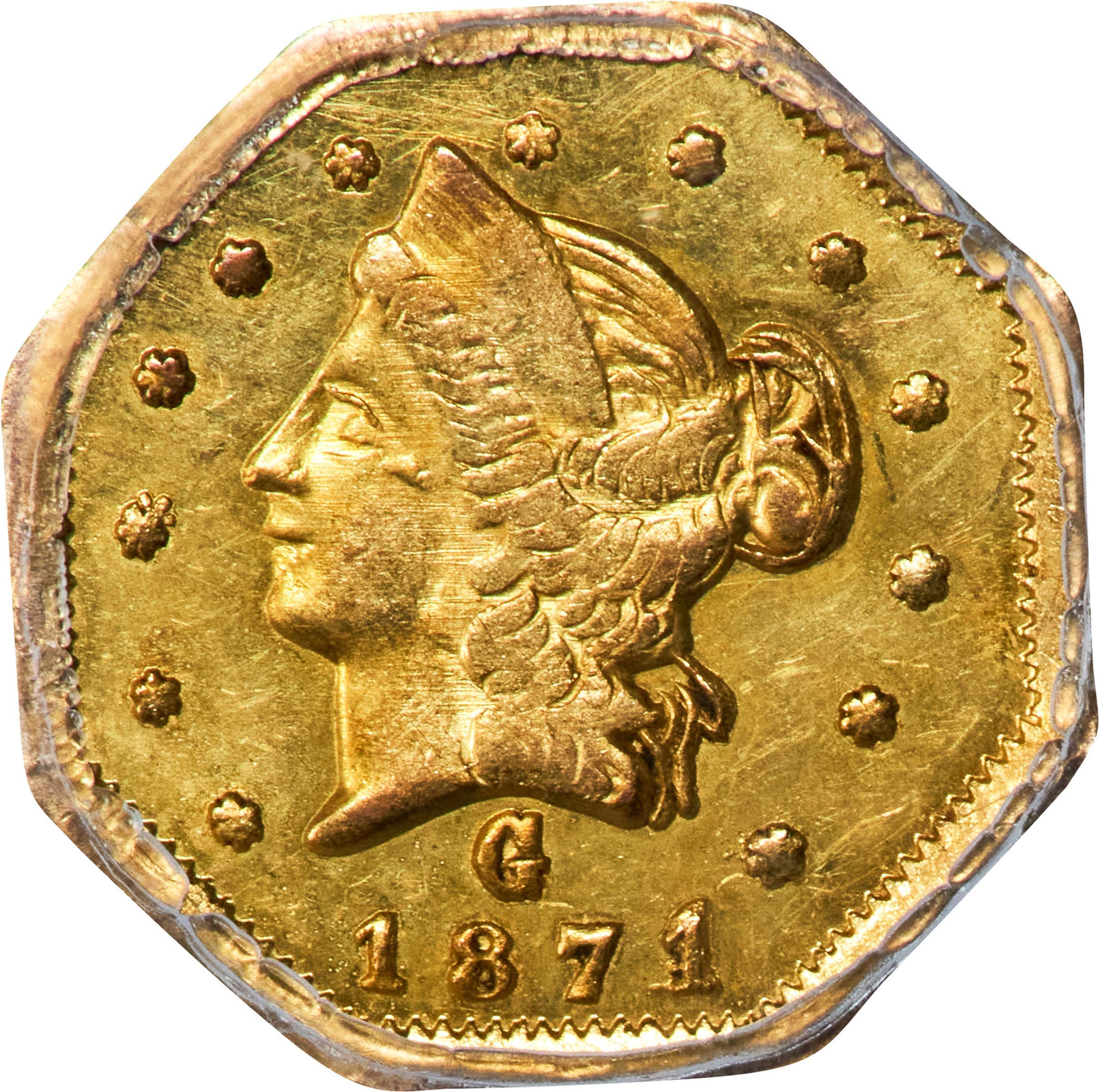 image for: 1871 Octagonal 50 Cents. BG-923. Rarity-5. Liberty Head. MS-61 (PCGS).