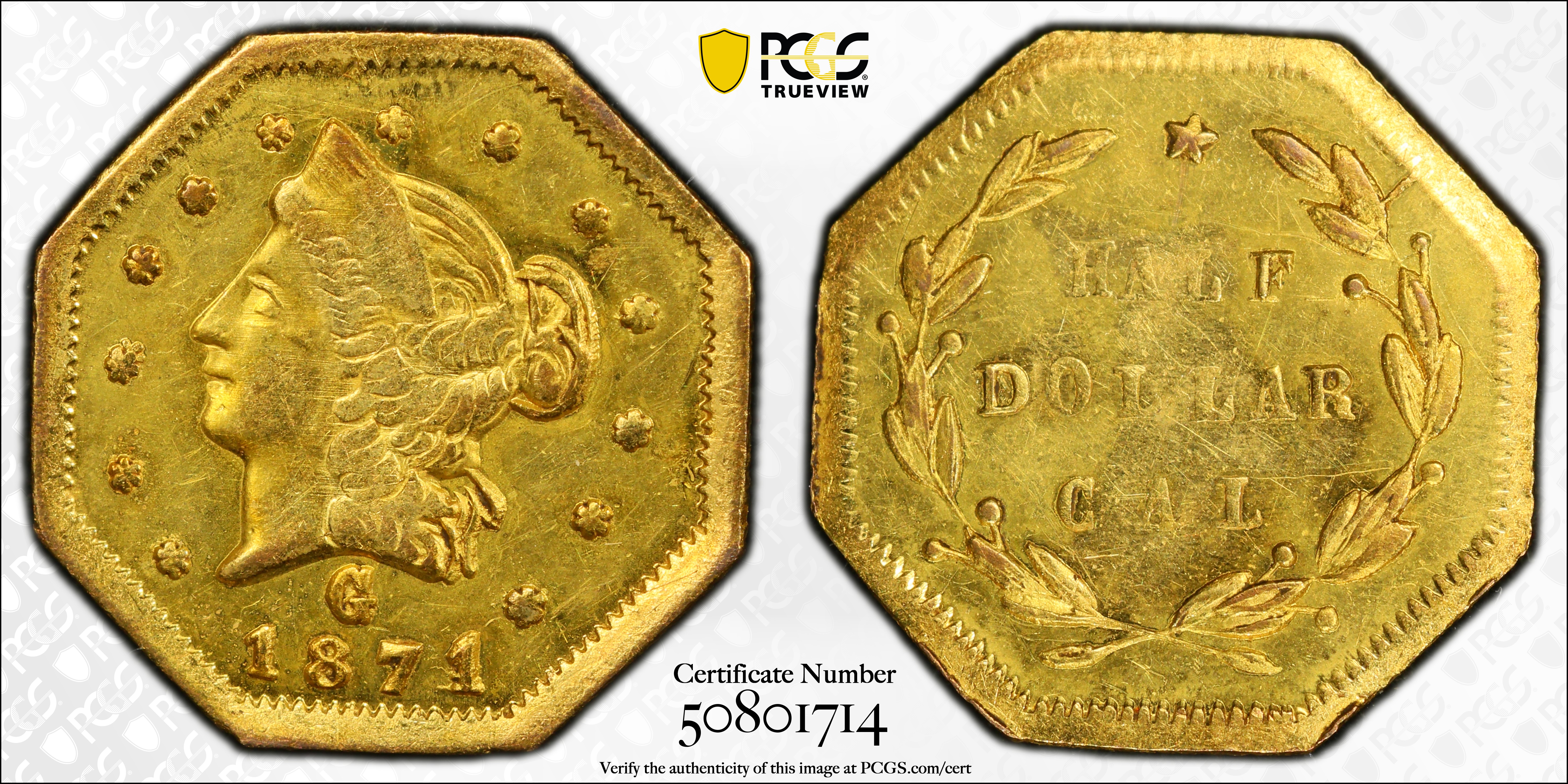 image for: 1871 Octagonal 50 Cents. BG-923. Rarity-5. Liberty Head. MS-61 (PCGS).