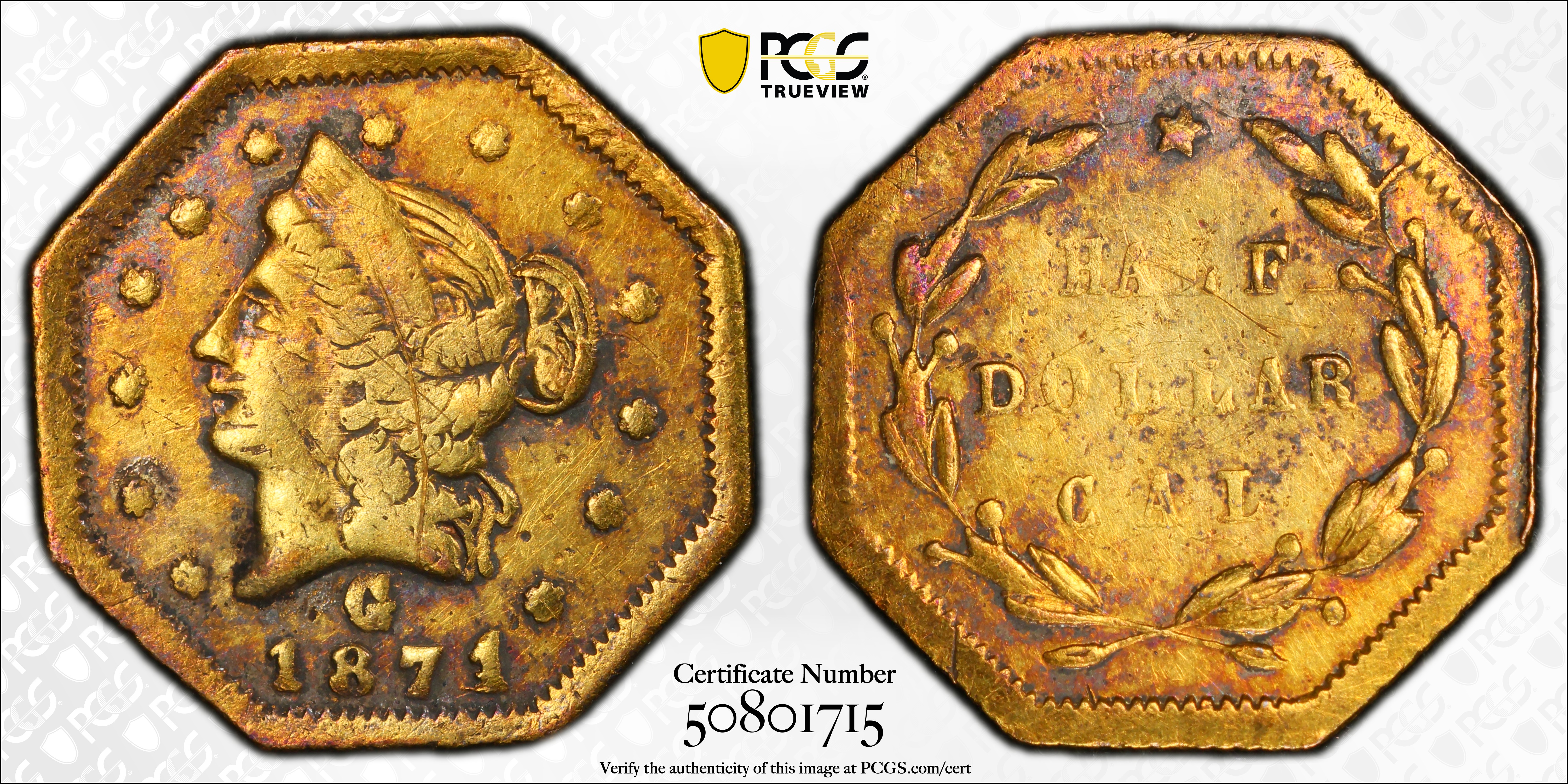 image for: 1871 Octagonal 50 Cents. BG-923. Rarity-5. Liberty Head. VF Details--Damage (PCGS).