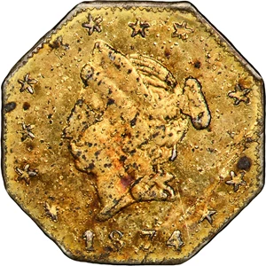 image for: 1874 Octagonal 50 Cents. BG-930. Rarity-5. Liberty Head. AU Details--Environmental Damage (PCGS).