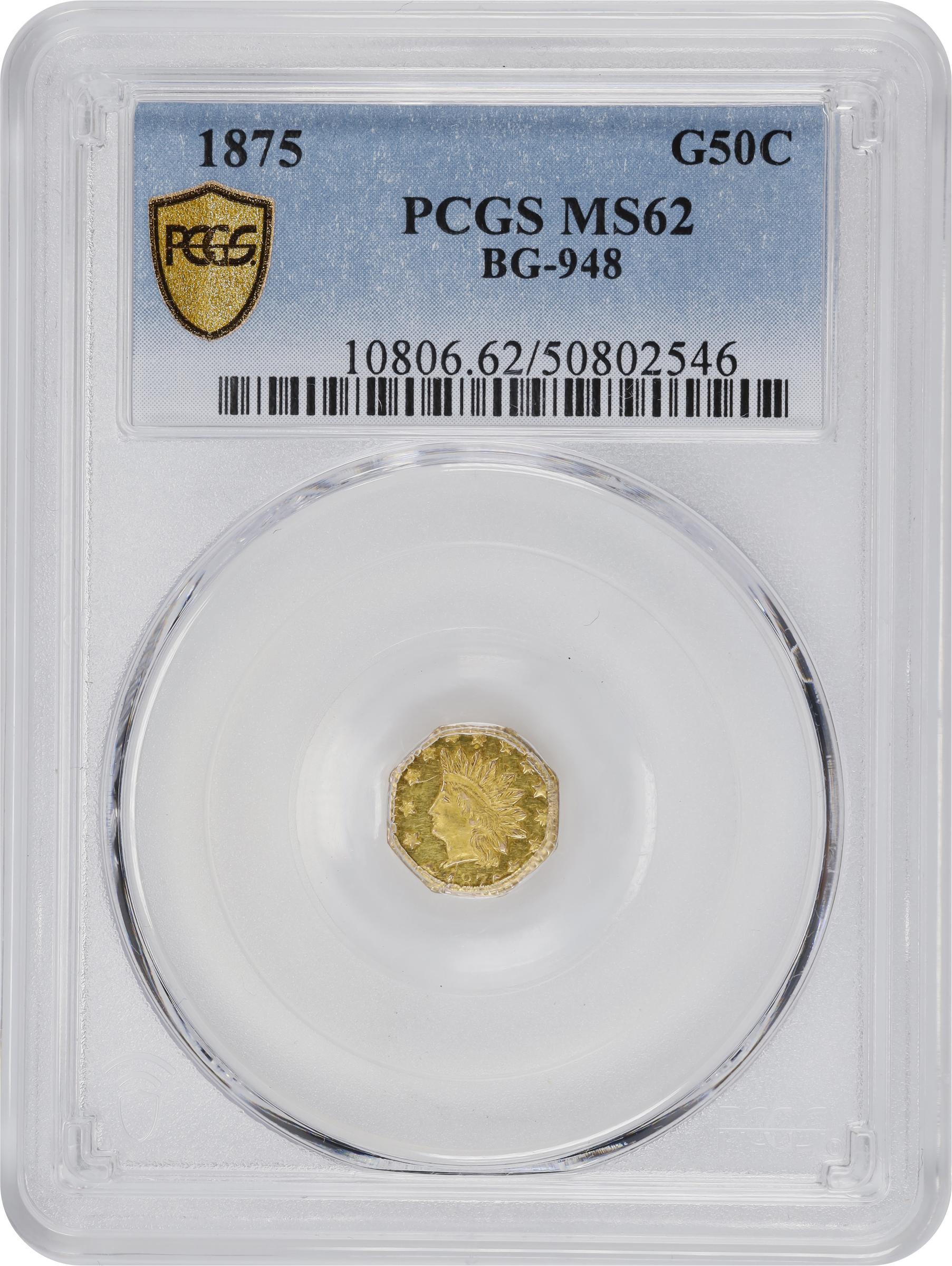 image for: 1875 Octagonal 50 Cents. BG-948. Rarity-5+. Indian Head. MS-62 (PCGS).