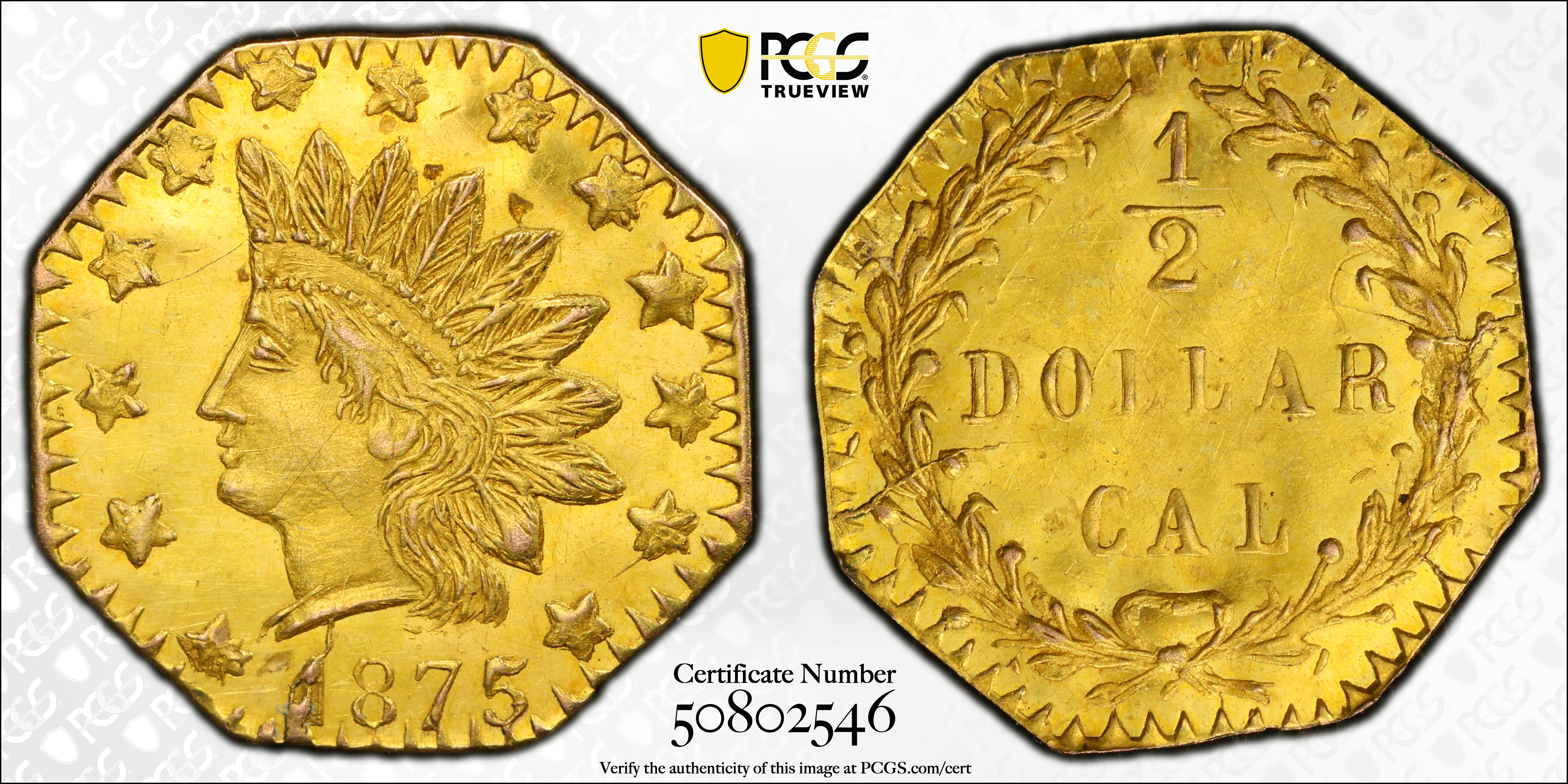 image for: 1875 Octagonal 50 Cents. BG-948. Rarity-5+. Indian Head. MS-62 (PCGS).