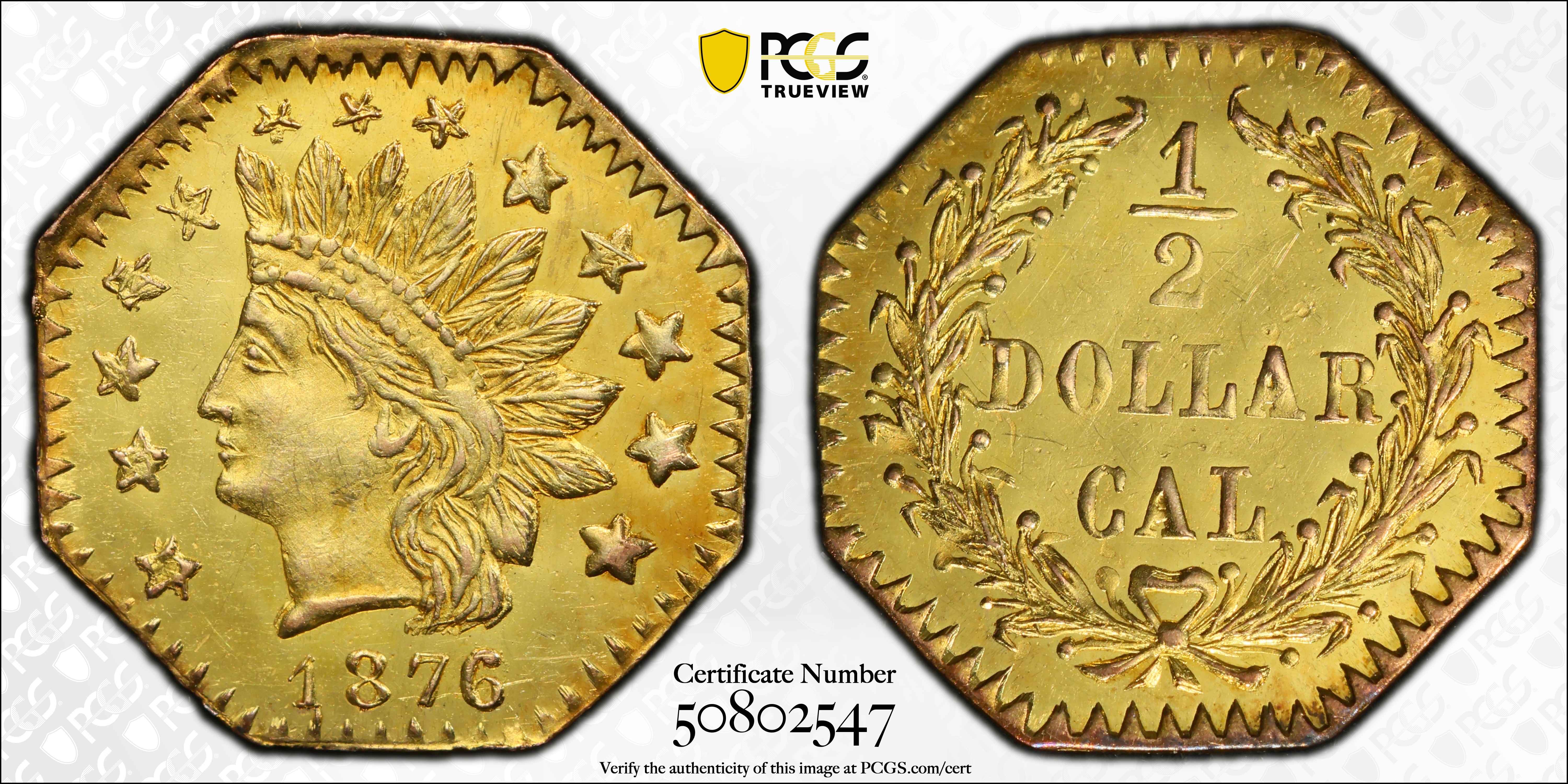 image for: 1876 Octagonal 50 Cents. BG-949. Rarity-4. Indian Head. Small Date. MS-63 (PCGS).