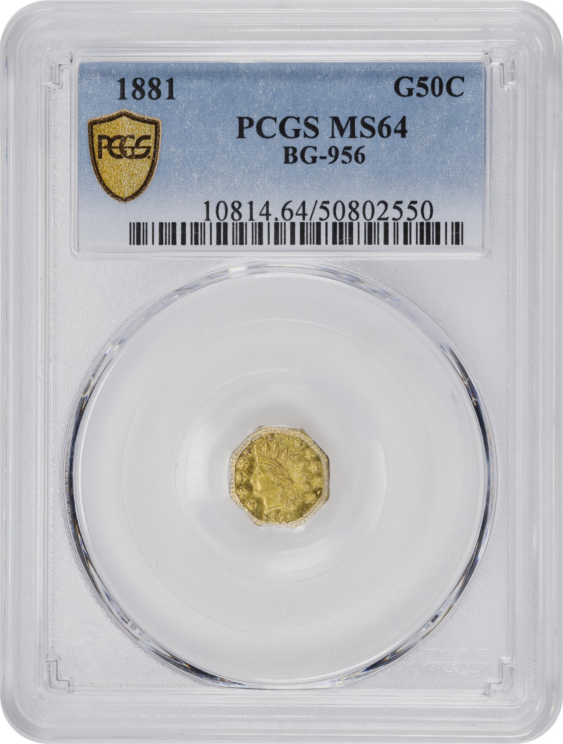 image for: 1881 Octagonal 50 Cents. BG-956. Rarity-4+. Indian Head. MS-64 (PCGS).