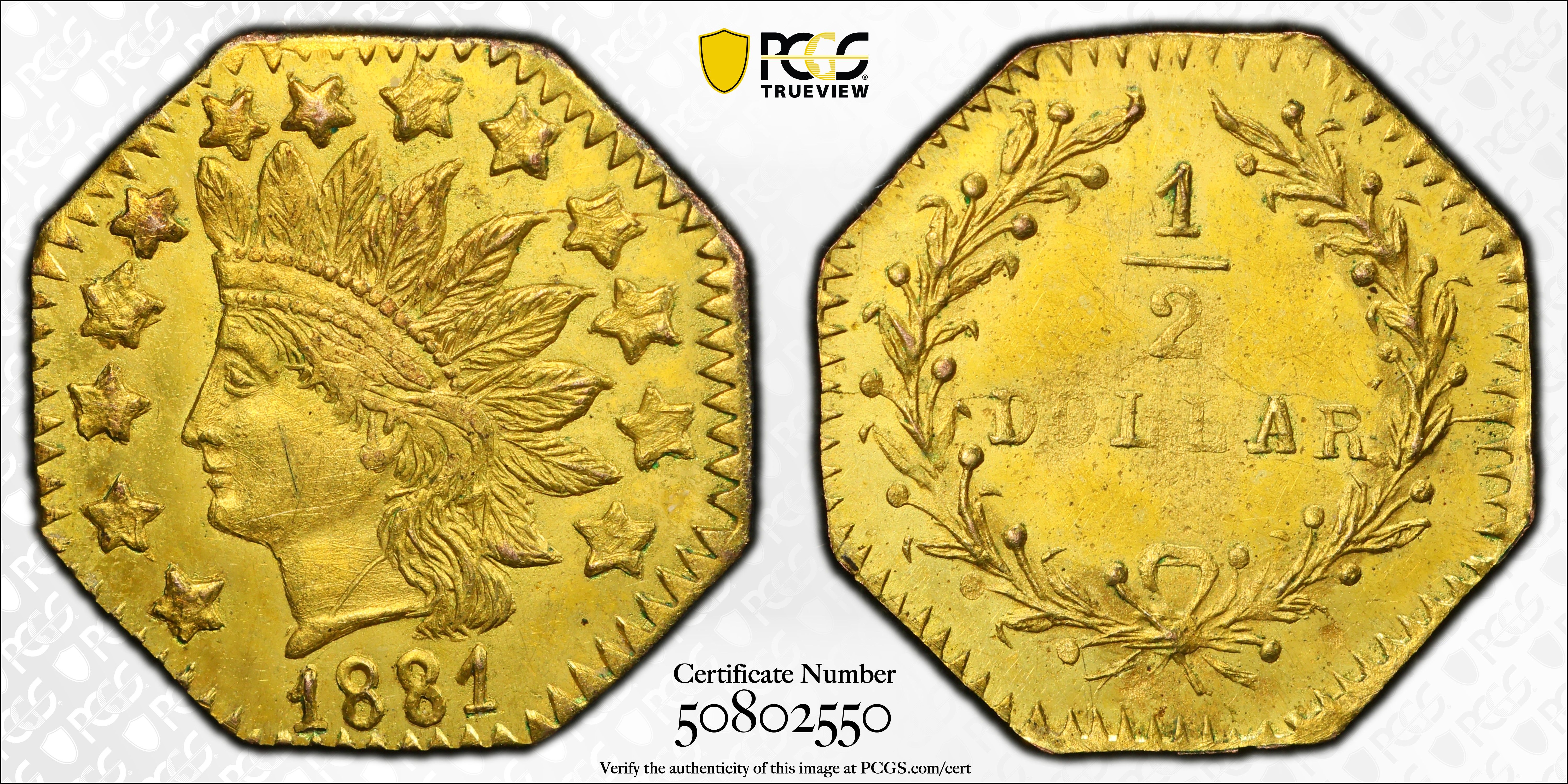 image for: 1881 Octagonal 50 Cents. BG-956. Rarity-4+. Indian Head. MS-64 (PCGS).