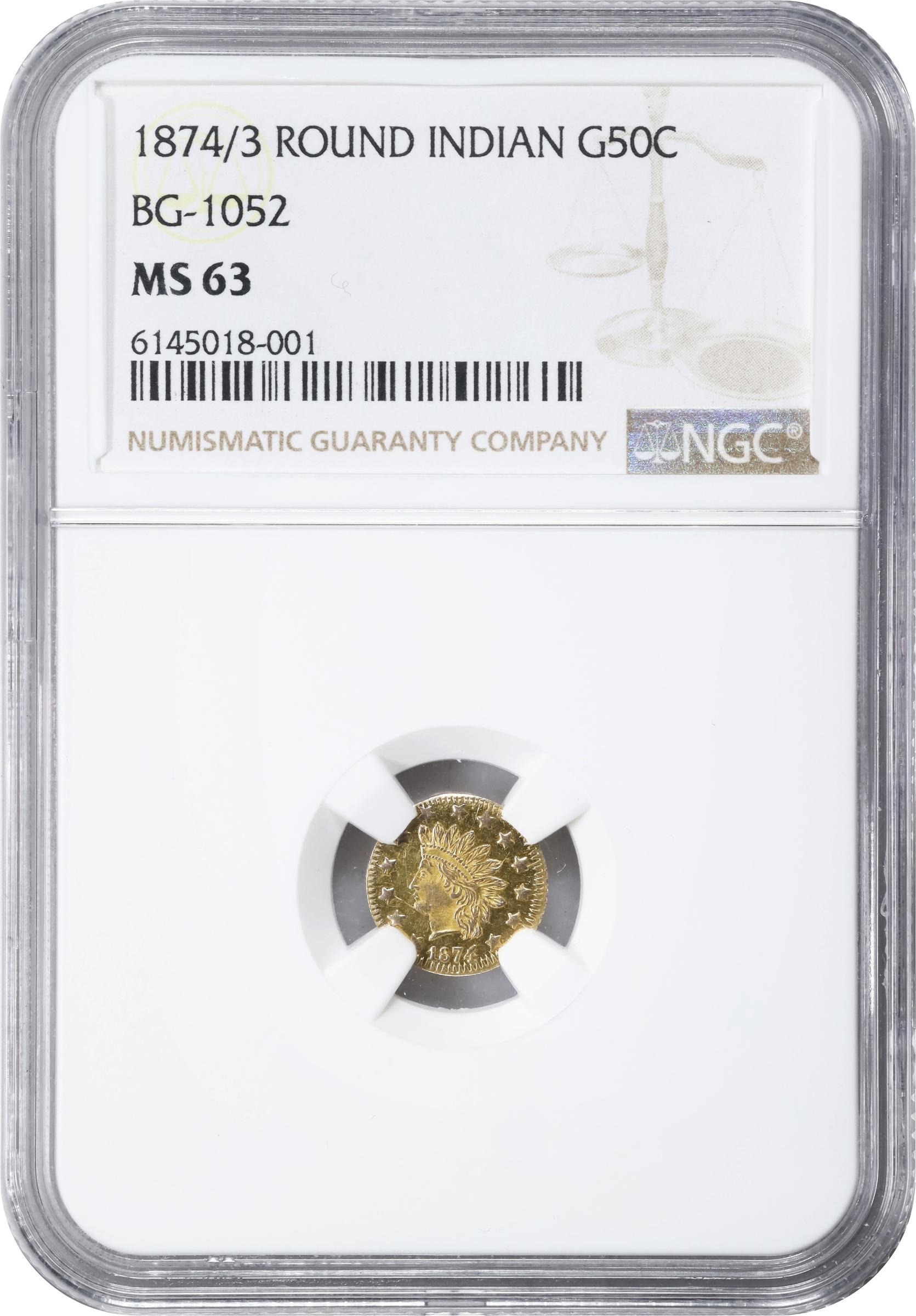 image for: 1874/3 Round 50 Cents. BG-1052. Rarity-4+. Indian Head. MS-63 (NGC).