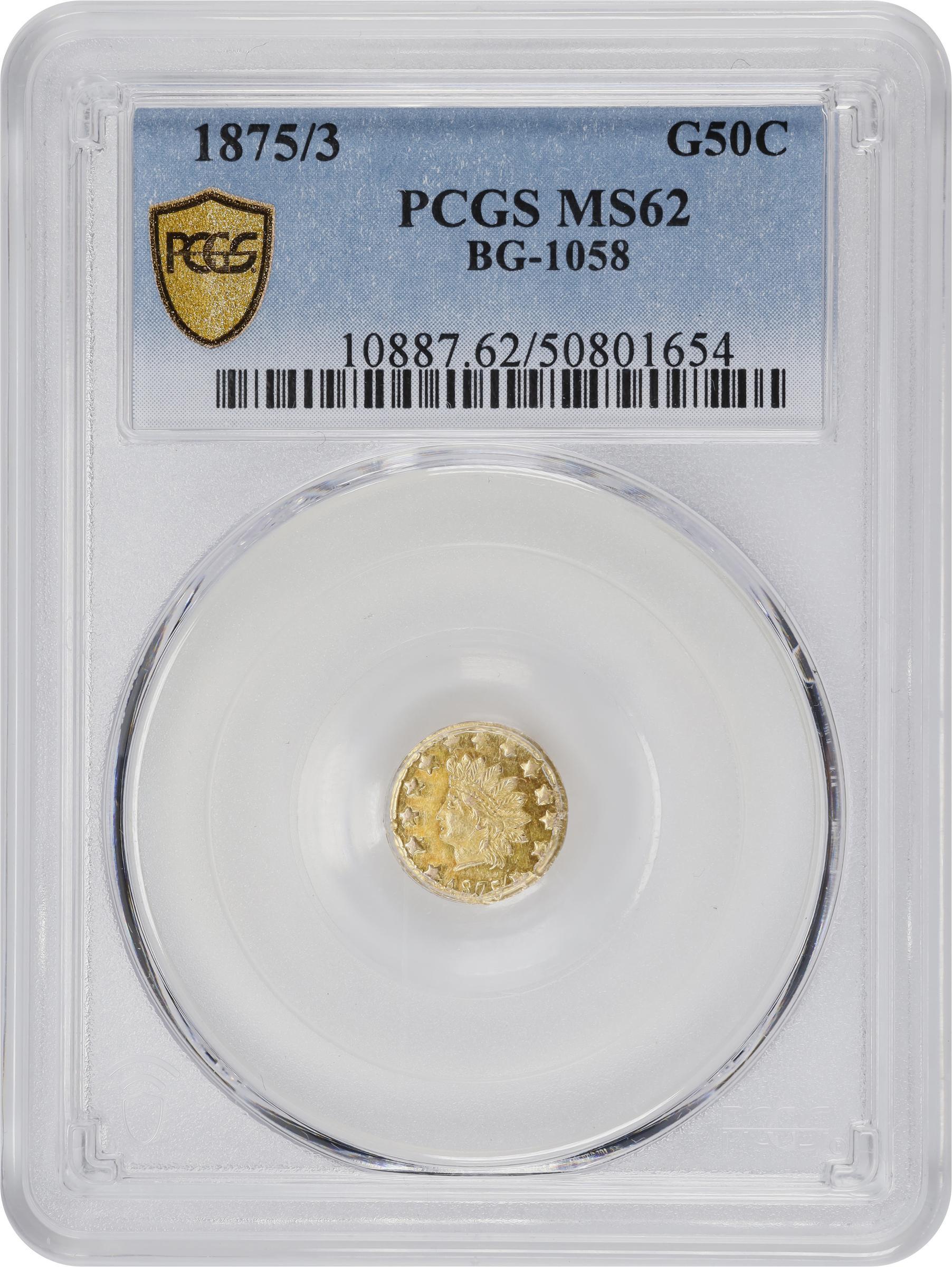 image for: 1875/3 Round 50 Cents. BG-1058. Rarity-3. Indian Cent. MS-62 (PCGS).