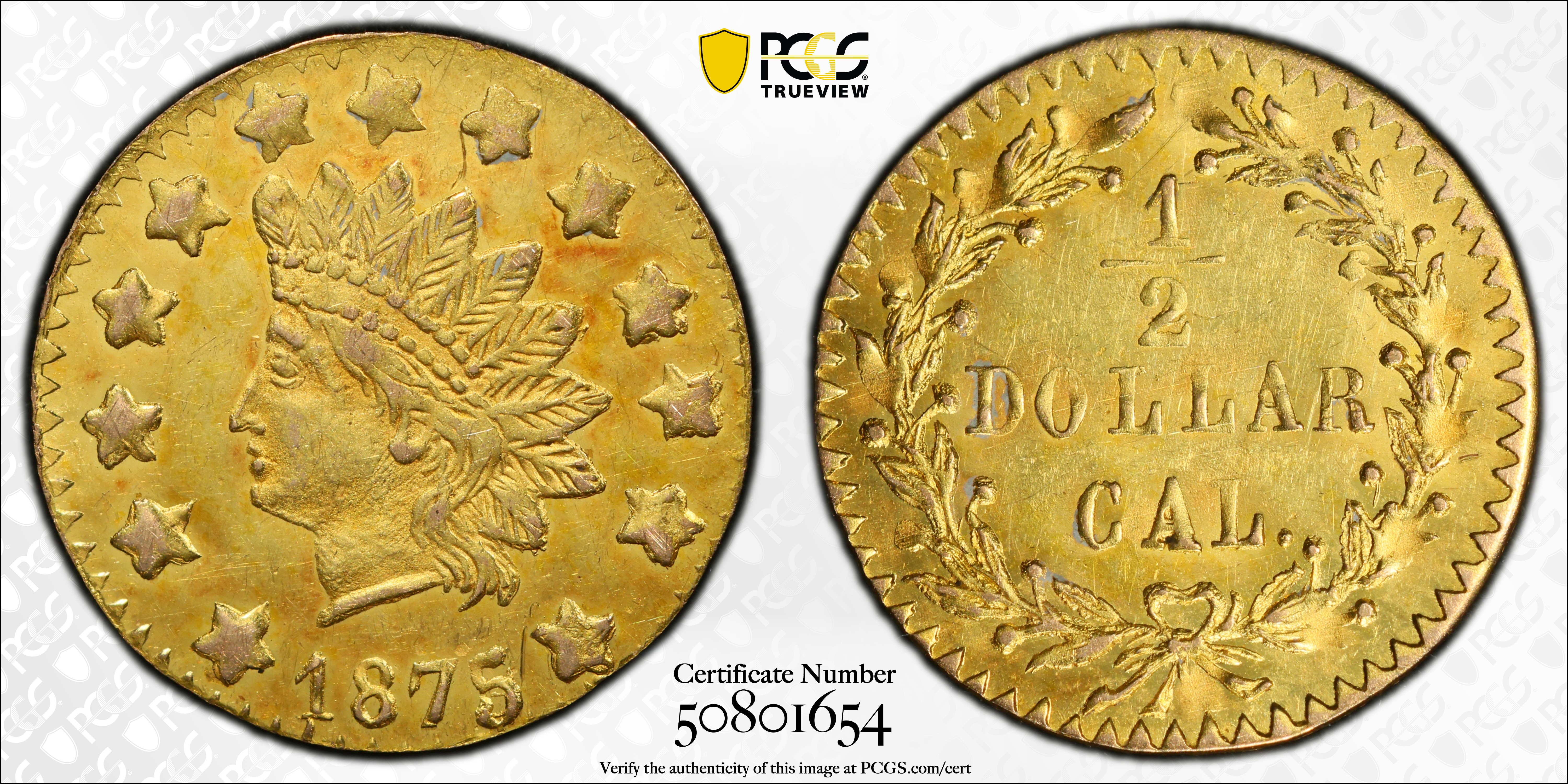 image for: 1875/3 Round 50 Cents. BG-1058. Rarity-3. Indian Cent. MS-62 (PCGS).