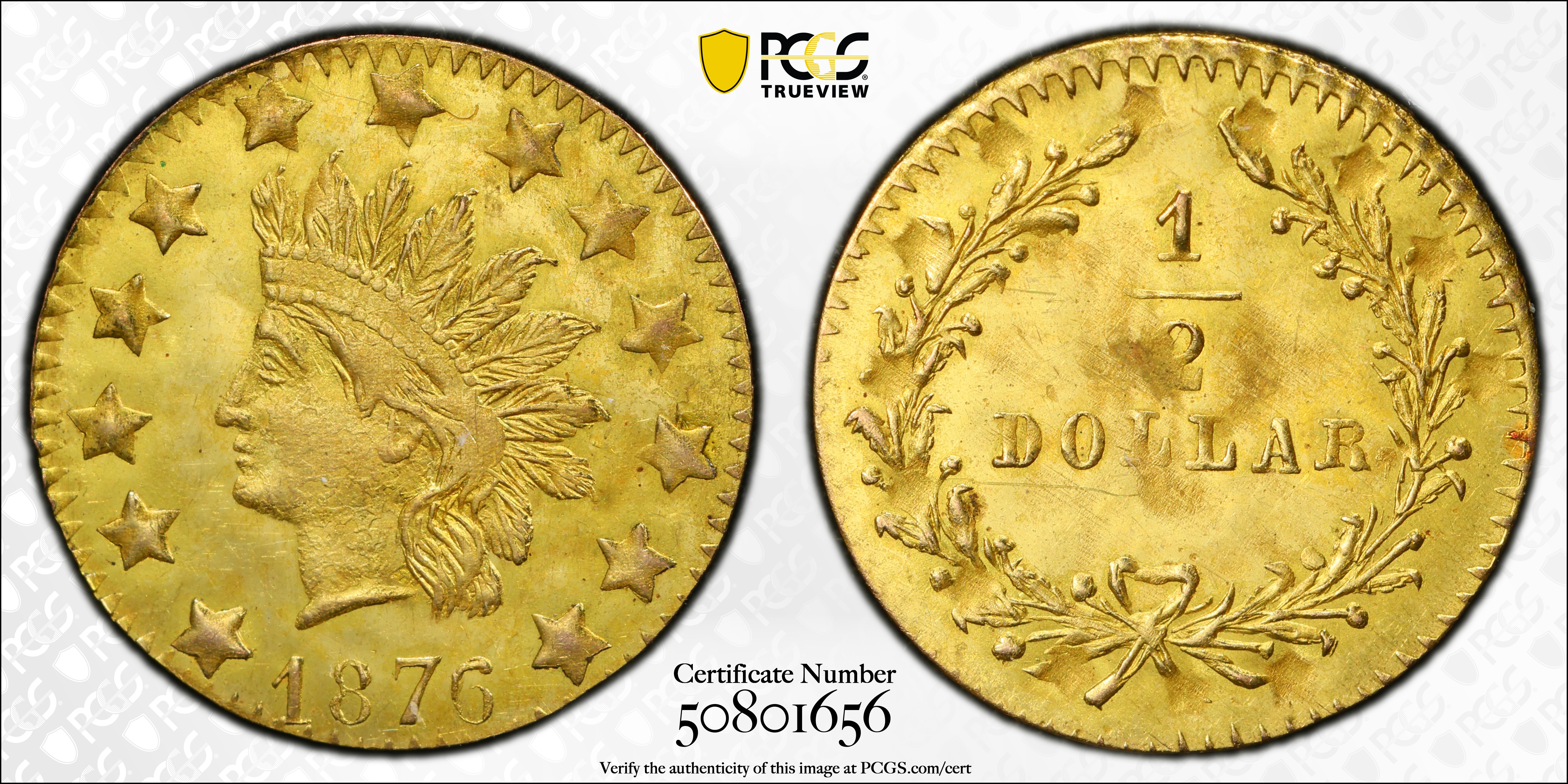 image for: 1876 Round 50 Cents. BG-1064. Rarity-6. Indian Head. MS-63 (PCGS).