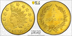 image for: 1880/70 Round 50 Cents. BG-1067. Rarity-4-. Indian Head. MS-62 (PCGS).