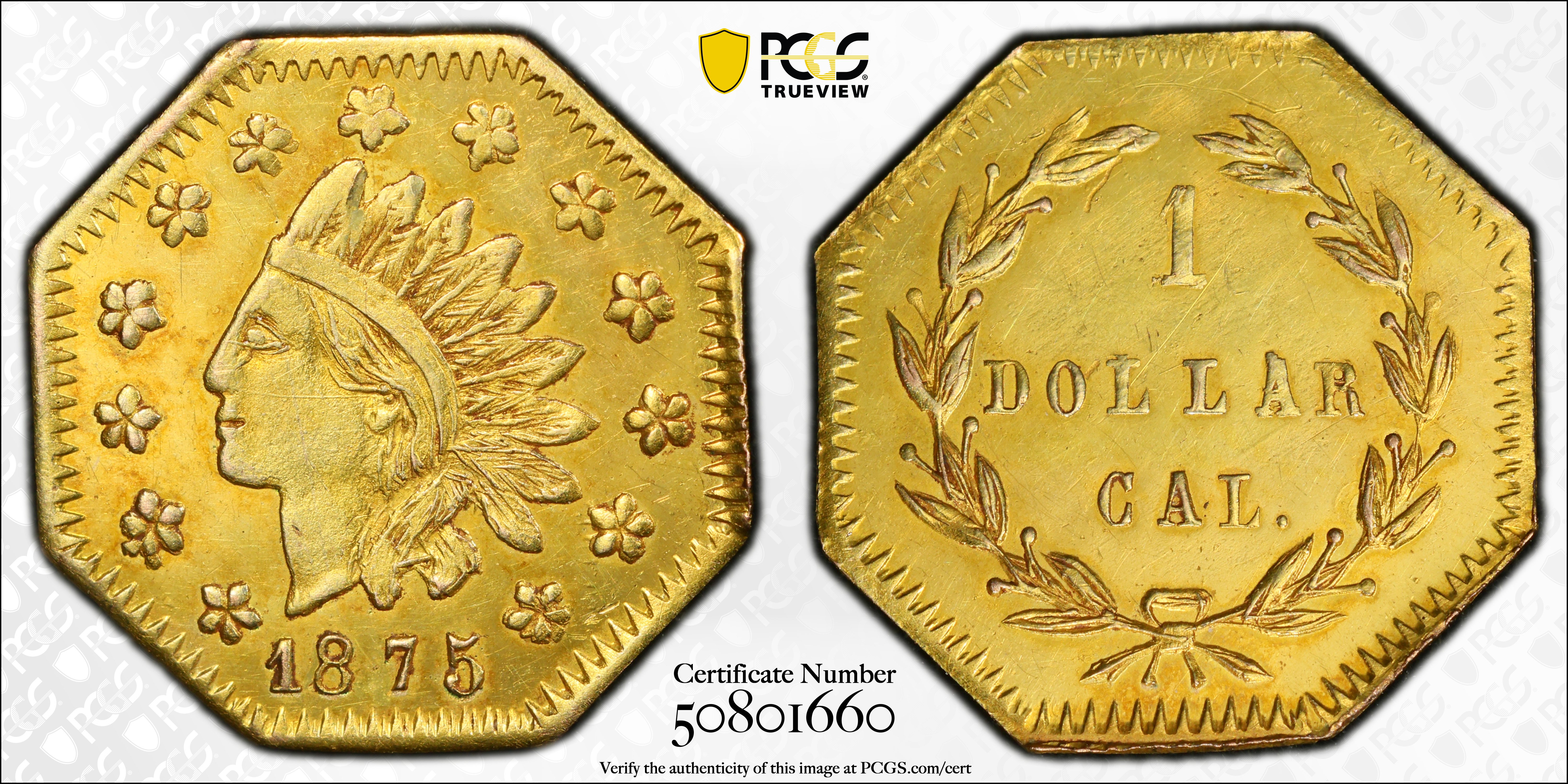 image for: 1875 Octagonal $1. BG-1112. Rarity-5+. Indian Head. MS-62 (PCGS).