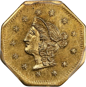 image for: 1870 Octagonal $1. BG-1118. Rarity-5-. "Goofy" Liberty Head. Unc Details--Cleaned (PCGS).