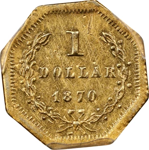 image for: 1870 Octagonal $1. BG-1118. Rarity-5-. "Goofy" Liberty Head. Unc Details--Cleaned (PCGS).