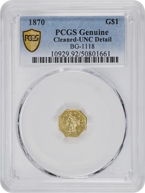 image for: 1870 Octagonal $1. BG-1118. Rarity-5-. "Goofy" Liberty Head. Unc Details--Cleaned (PCGS).