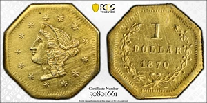 image for: 1870 Octagonal $1. BG-1118. Rarity-5-. "Goofy" Liberty Head. Unc Details--Cleaned (PCGS).