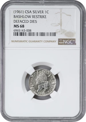 image for: "1861" (1961) Confederate Cent. Bashlow Restrike. Breen-8011. Silver. MS-68 (NGC).