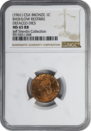 image for: "1861" (1961) Confederate Cent. Bashlow Restrike. Breen-8013. Bronze. MS-65 RB (NGC).