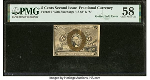 image for: Gutter Fold Error Fr. 1234 5¢ Second Issue PMG Choice About Unc 58....