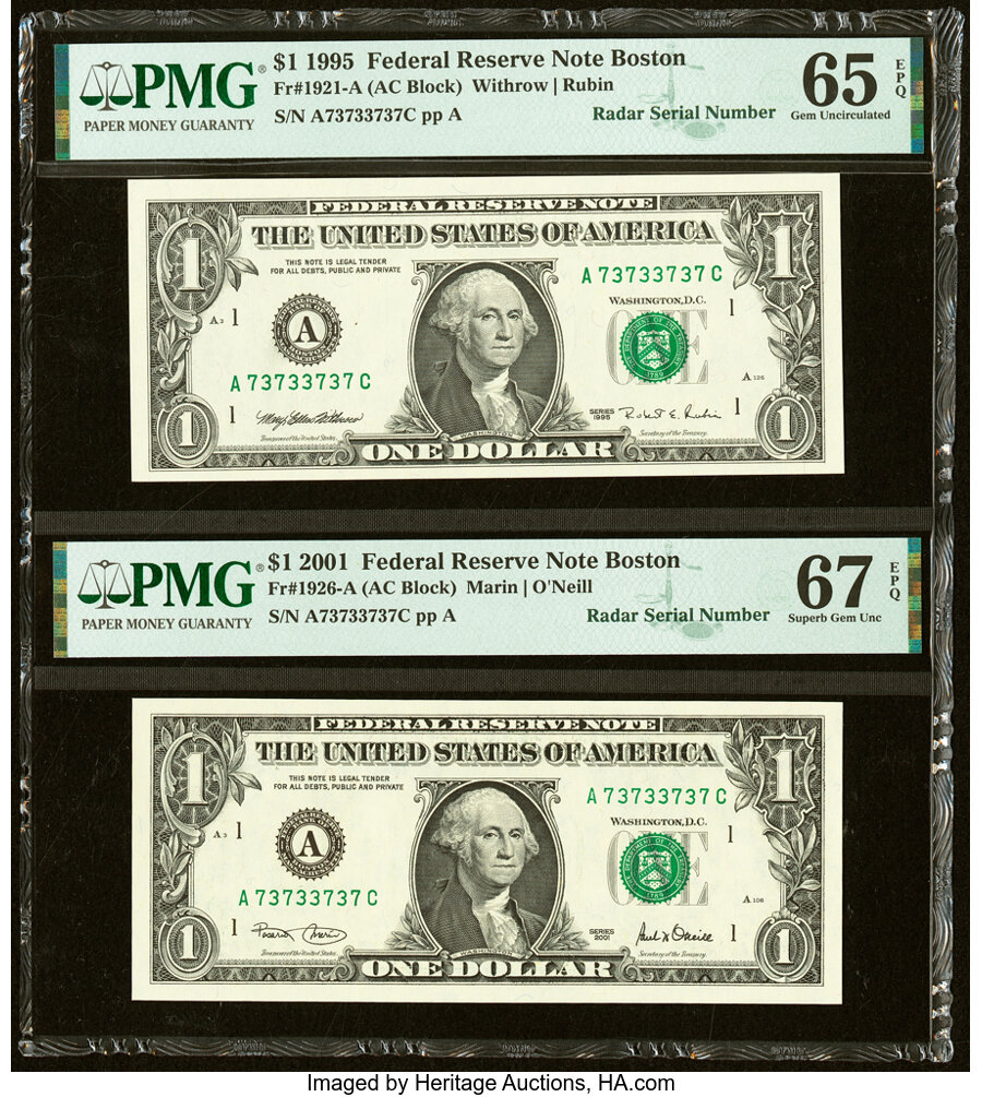 image for: Matching Radar Serial Number Fr. 1921-A; Fr. 1926-A $1 1995; 2001 Federal Reserve Notes. PMG Gem Uncirculated 65 EPQ; Superb G...