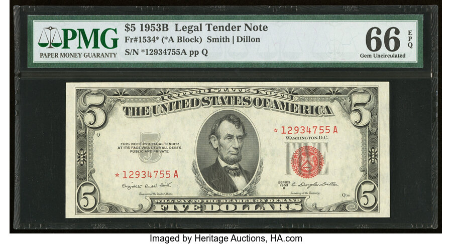 image for: Fr. 1534* $5 1953B Legal Tender Star Note. PMG Gem Uncirculated 66 EPQ....
