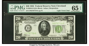 image for: Fr. 2054-D $20 1934 Light Green Seal Federal Reserve Note. PMG Gem Uncirculated 65 EPQ....