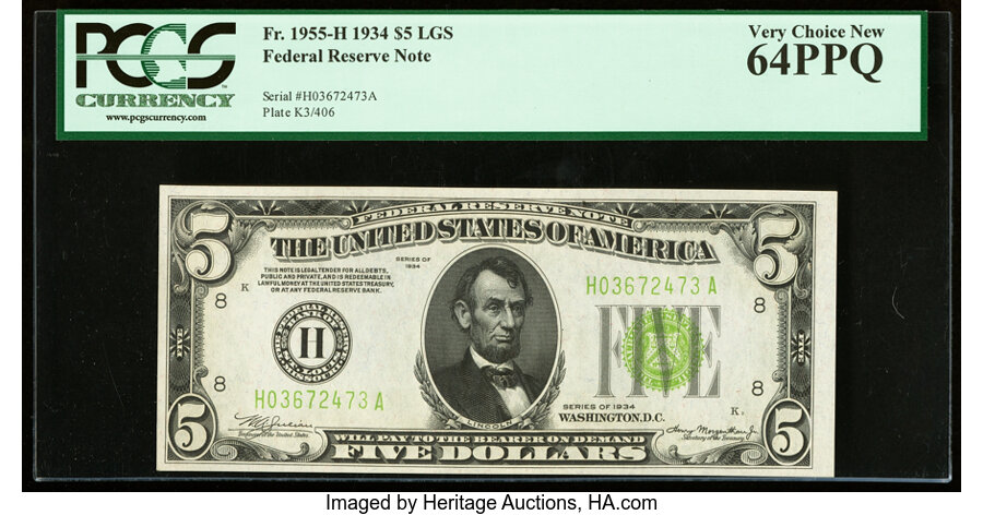 image for: Fr. 1955-H $5 1934 Light Green Seal Federal Reserve Note. PCGS Very Choice New 64PPQ....