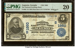 image for: Augusta, GA - $5 1902 Plain Back Fr. 602 The National Exchange Bank Ch. # (S)1860 PMG Very Fine 20....