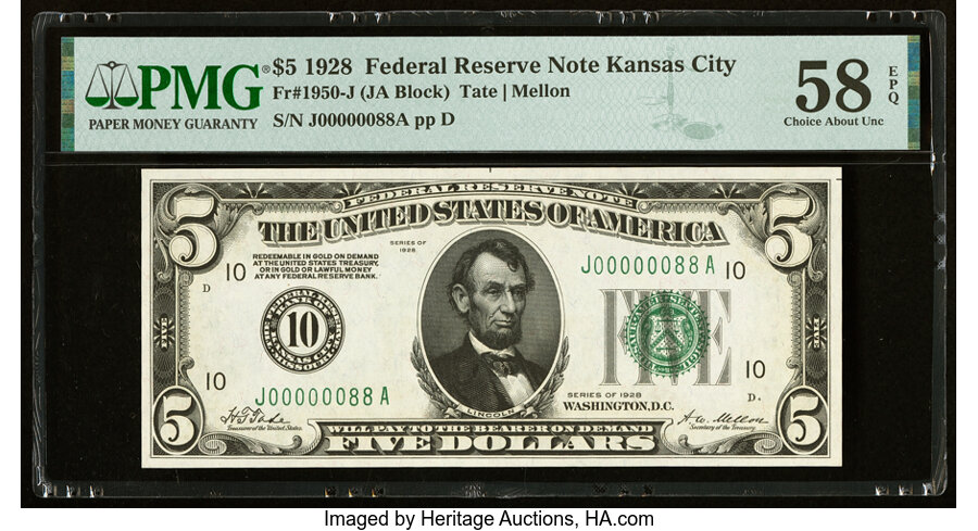 image for: Low Serial Number 88 Fr. 1950-J $5 1928 Federal Reserve Note. PMG Choice About Unc 58 EPQ....