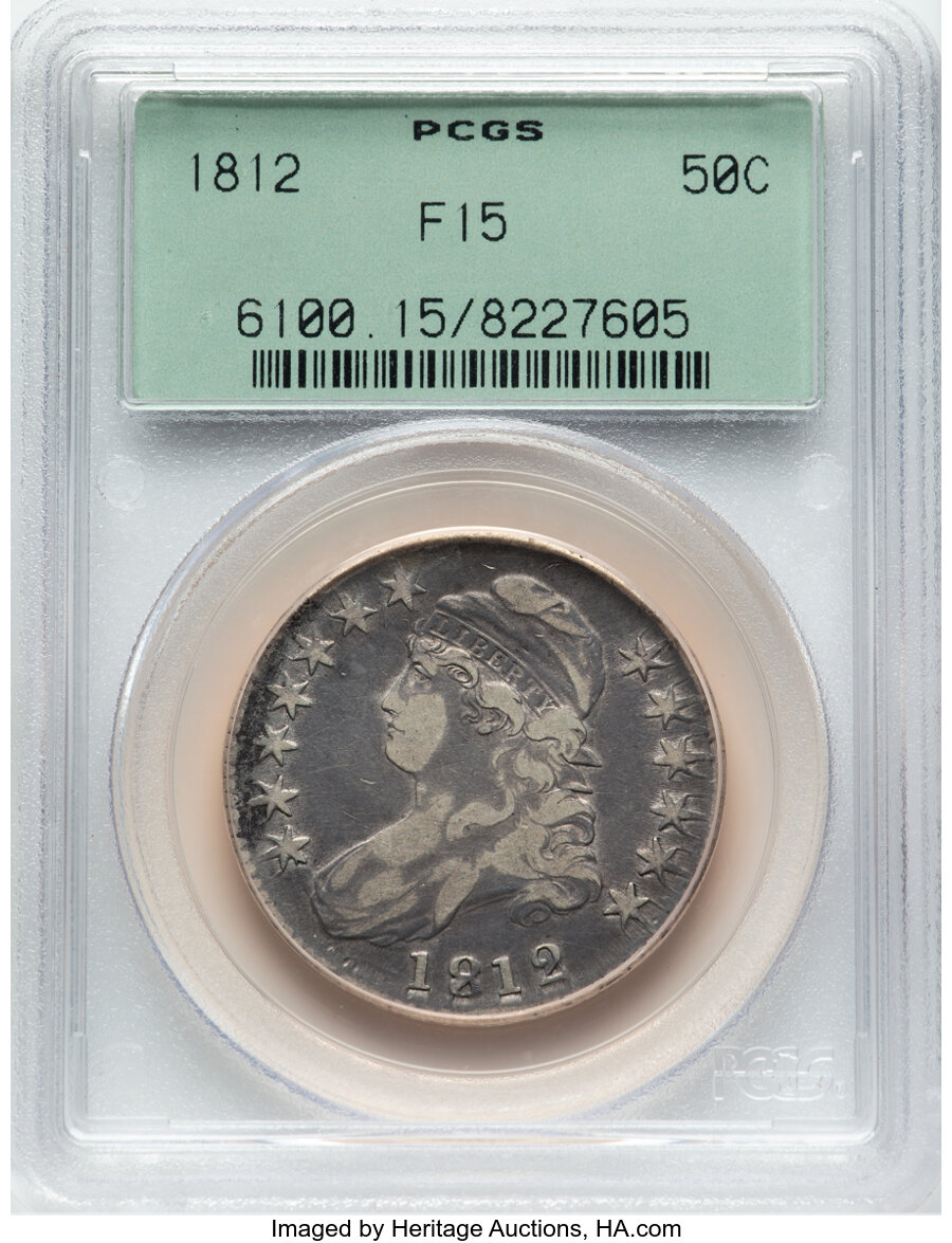 image for: 1812 50C Large 8, O-105a, R.1, Fine 15 PCGS. Housed in a Generation 3.0 green label holder. PCGS Population: (63/1716).  Mi...