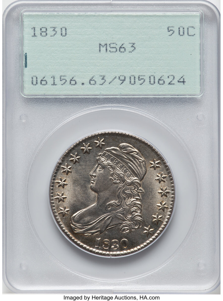 image for: 1830 50C Small 0, O-113, R.1, MS63 PCGS. Housed in a Generation 1.2 "rattler" holder. PCGS Population: (103/107). NGC Censu...