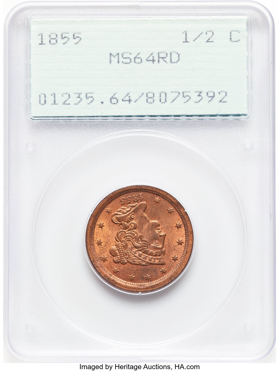 image for: 1855 1/2 C C-1, B-1, R.1, MS64 Red PCGS. Housed in a Generation 1.2 "rattler" holder. PCGS Population: (179/44). NGC Census...