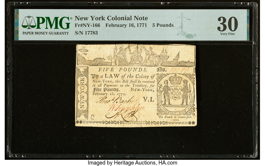 image for: New York February 16, 1771 £5 PMG Very Fine 30....