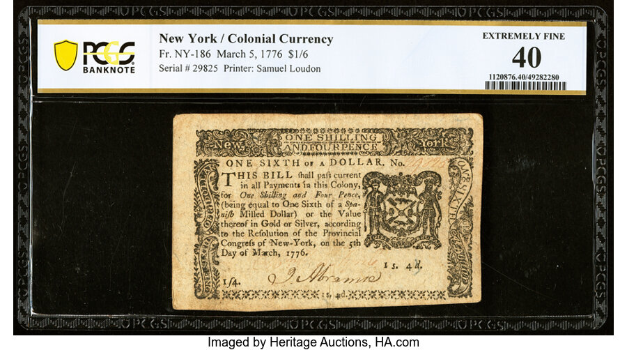 image for: New York March 5, 1776 $1/6 PCGS Banknote Extremely Fine 40....
