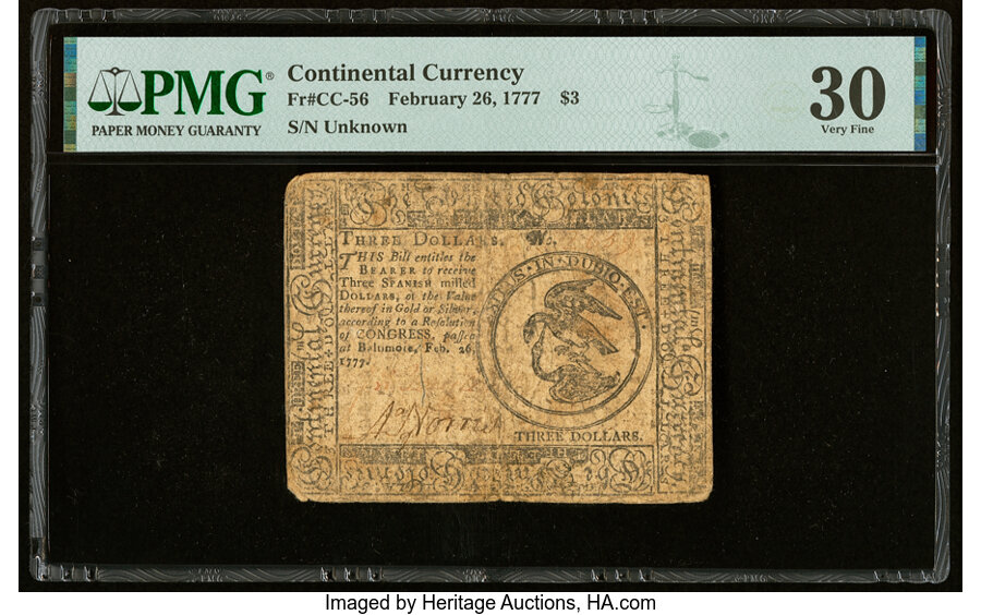 image for: Continental Currency February 26, 1777 $3 PMG Very Fine 30....