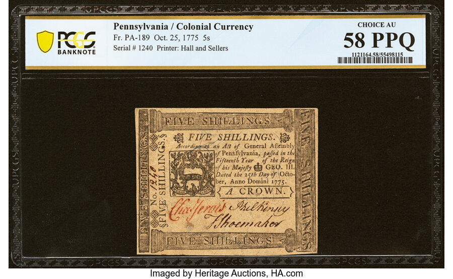 image for: Pennsylvania October 25, 1775 5s PCGS Banknote Choice AU 58 PPQ....