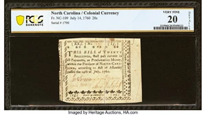 image for: North Carolina July 14, 1760 20s PCGS Banknote Very Fine 20 Details....