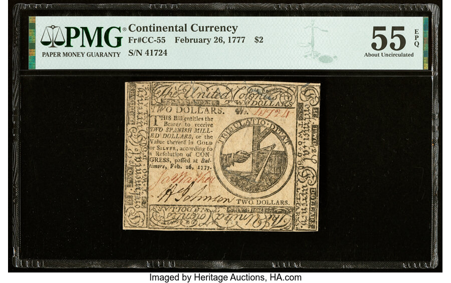 image for: Continental Currency February 26, 1777 $2 PMG About Uncirculated 55 EPQ....